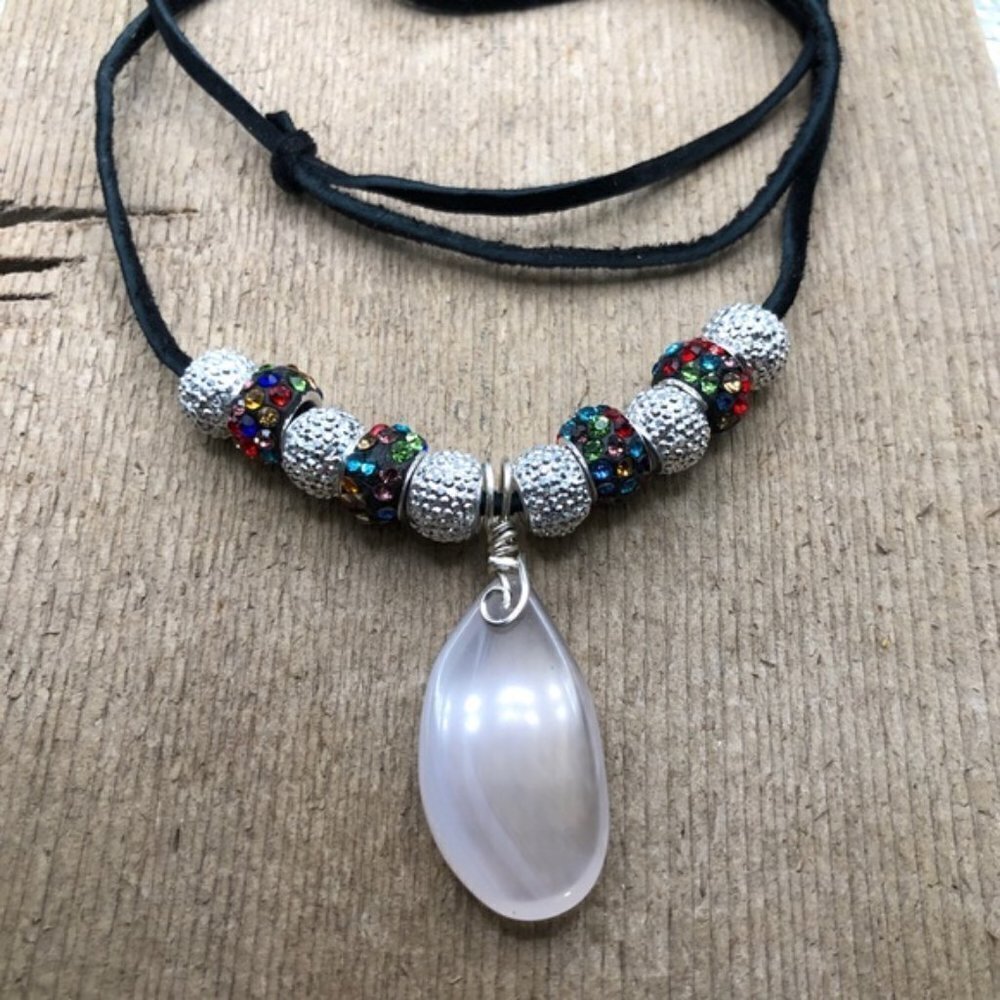 Chalcedony stone wire wrapped with .925 Silver and beaded Leather Necklace.